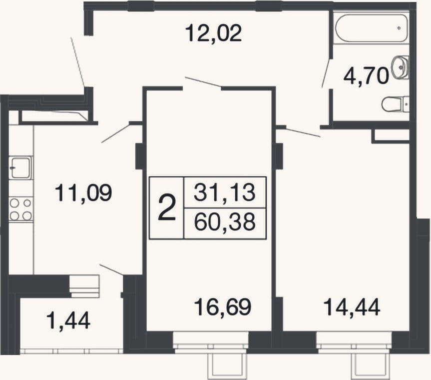 Планировка: 2-к, 58,9 м²