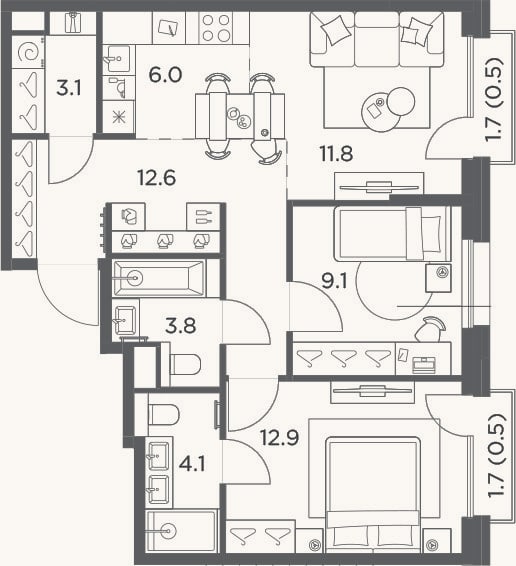 Планировка: 3-к, 63,4 м²