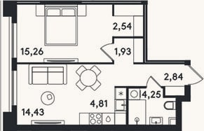 Планировка: 2-к, 46,1 м²
