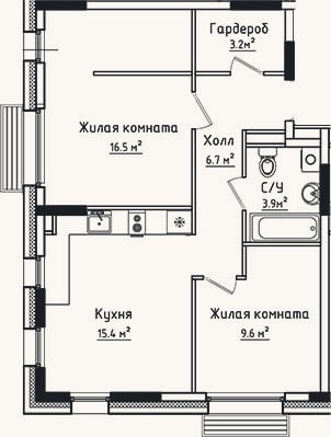 Планировка: 2-к, 55,3 м²
