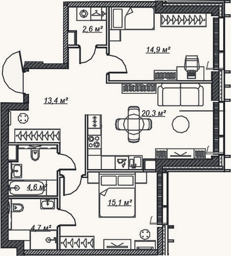Планировка: 3-к, 75,6 м²