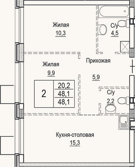 Планировка: 3-к, 48,1 м²