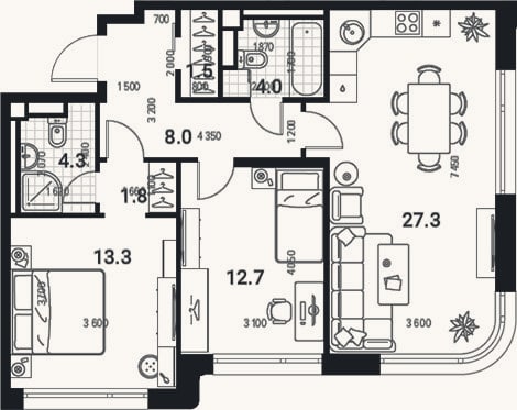 Планировка: 3-к, 72,6 м²