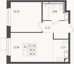 Планировка: 2-к, 36,1 м²