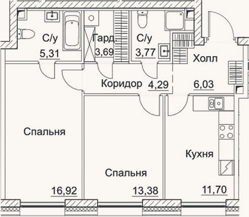 Планировка: 2-к, 65,1 м²