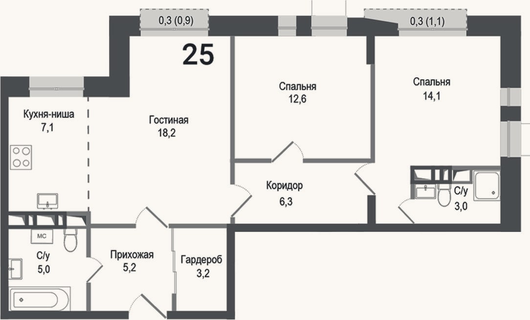 Планировка: 3-к, 74,8 м²