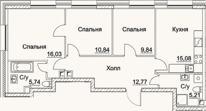 Планировка: 3-к, 75,5 м²