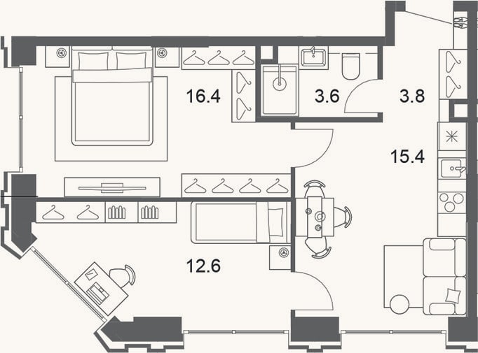 Планировка: 3-к, 52,1 м²
