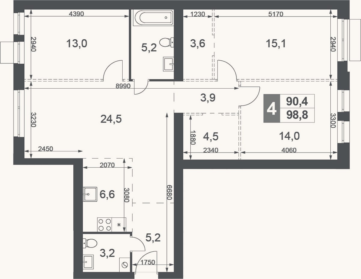 Планировка: 4+ к, 98,8 м²