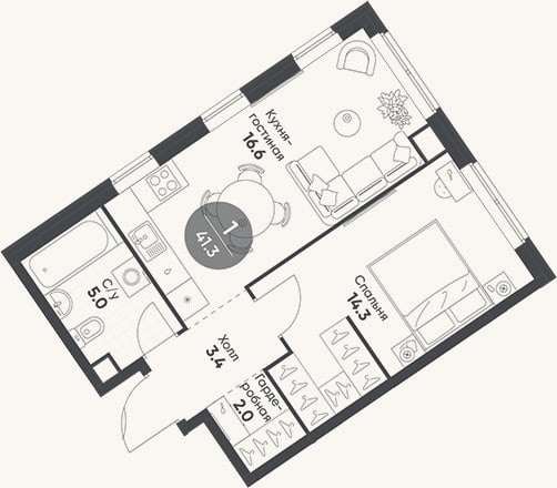 Планировка: 2-к, 41,3 м²