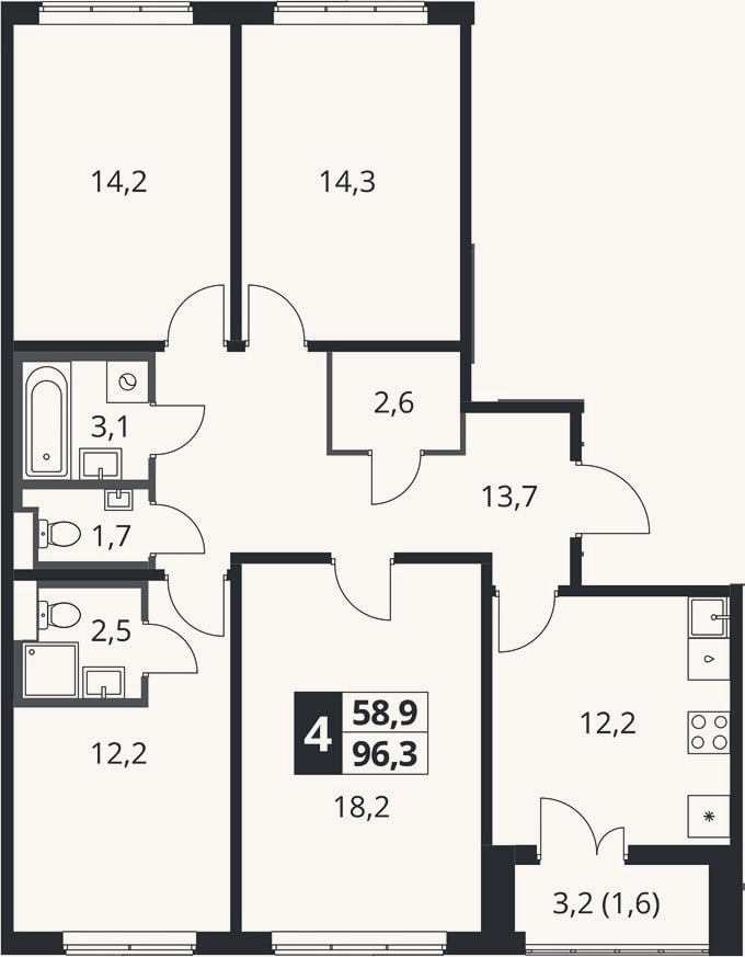 Планировка: 4+ к, 96 м²