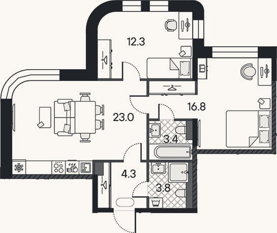 Планировка: 3-к, 63,6 м²