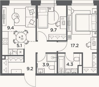 Планировка: 3-к, 58,8 м²