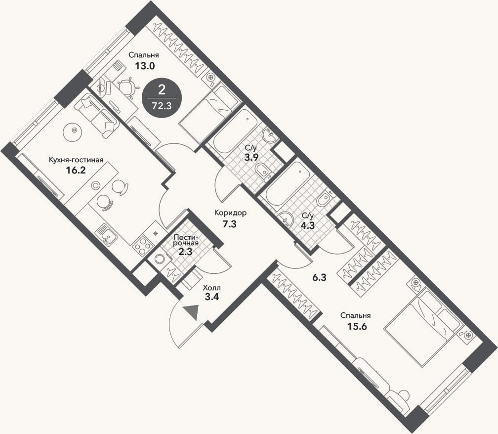 Планировка: 3-к, 72,3 м²