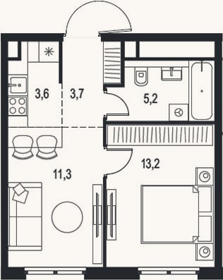 Планировка: 2-к, 37 м²