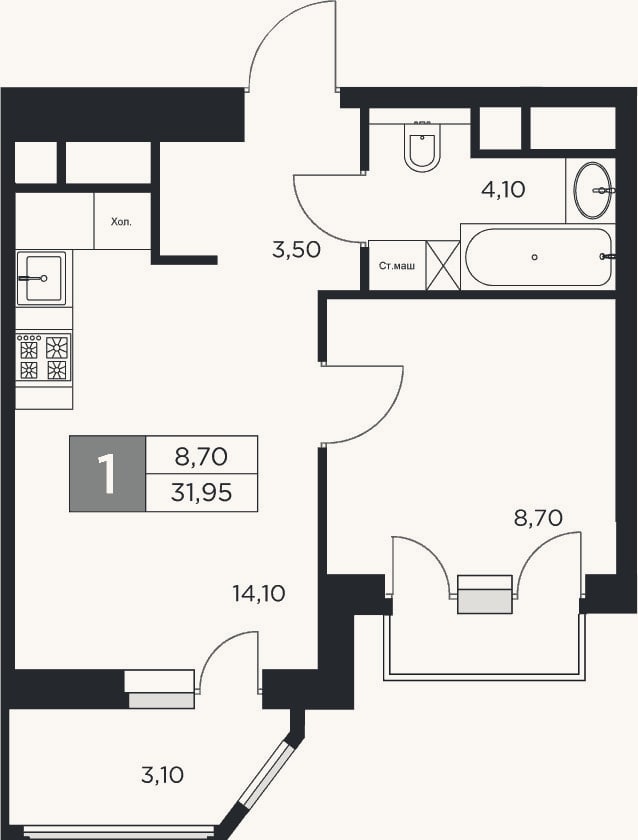 Планировка: 1-к, 30,4 м²