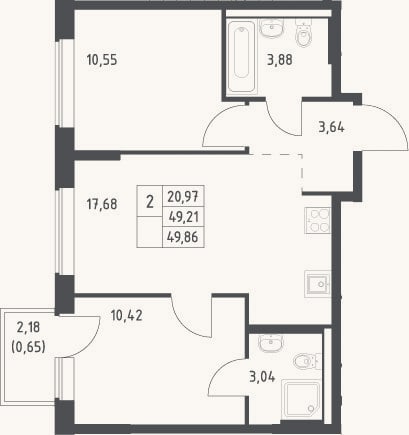 Планировка: 3-к, 49,2 м²