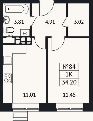Планировка: 1-к, 34,2 м²