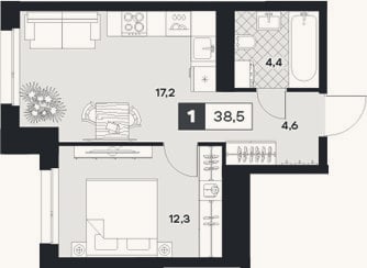 Планировка: 1-к, 38,5 м²