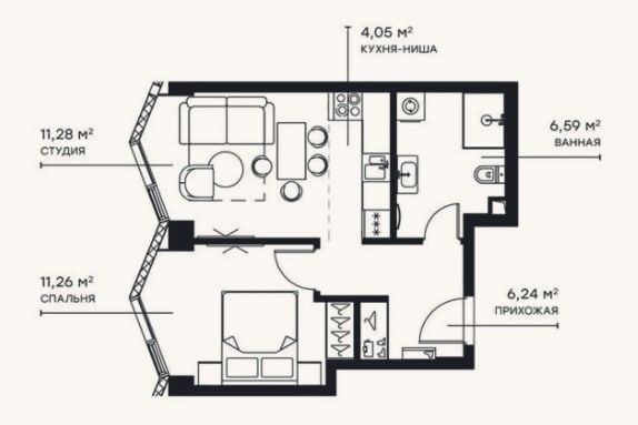 Планировка: 2-к, 39,4 м²