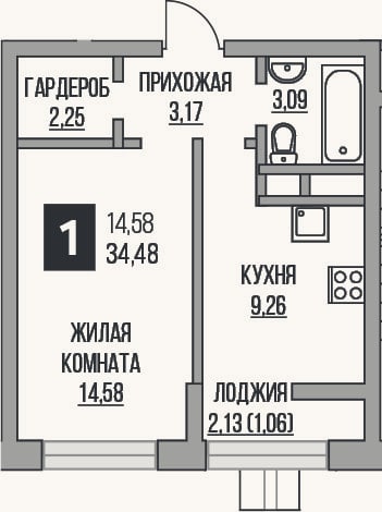 Планировка: 1-к, 32,4 м²