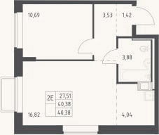 Планировка: 2-к, 40,4 м²