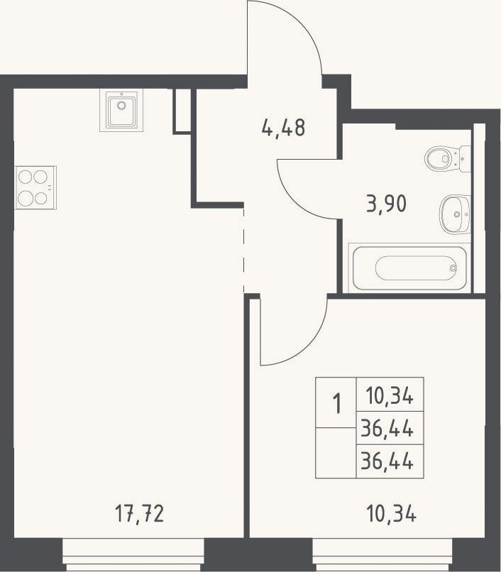 Планировка: 2-к, 36,4 м²