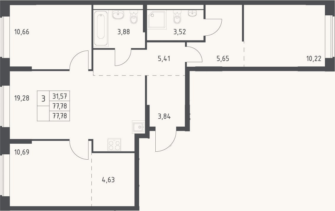 Планировка: 4+ к, 77,8 м²