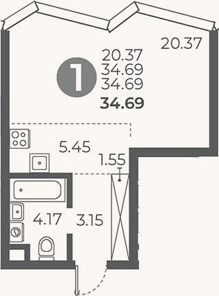 Планировка: Студия, 34,7 м²