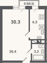 Планировка: 1-к, 29,8 м²