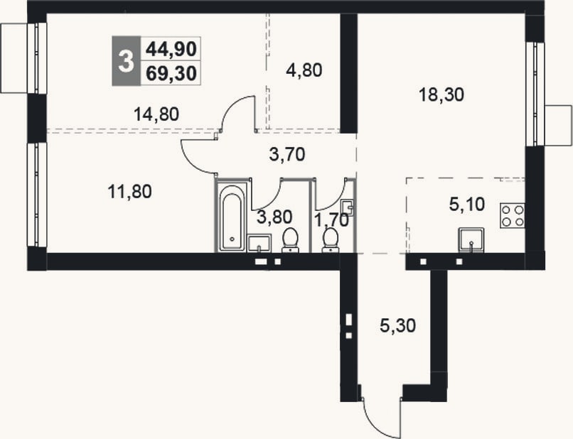 Планировка: 3-к, 69,3 м²