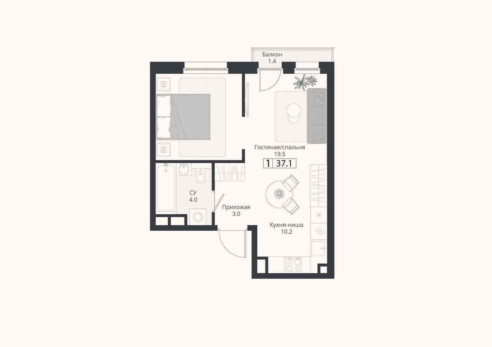 Планировка: Студия, 36,7 м²