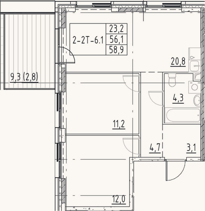 Планировка: 3-к, 56,1 м²