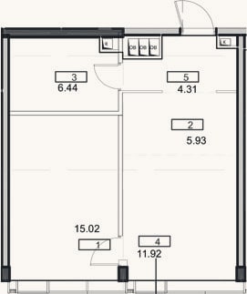 Планировка: 2-к, 43,6 м²