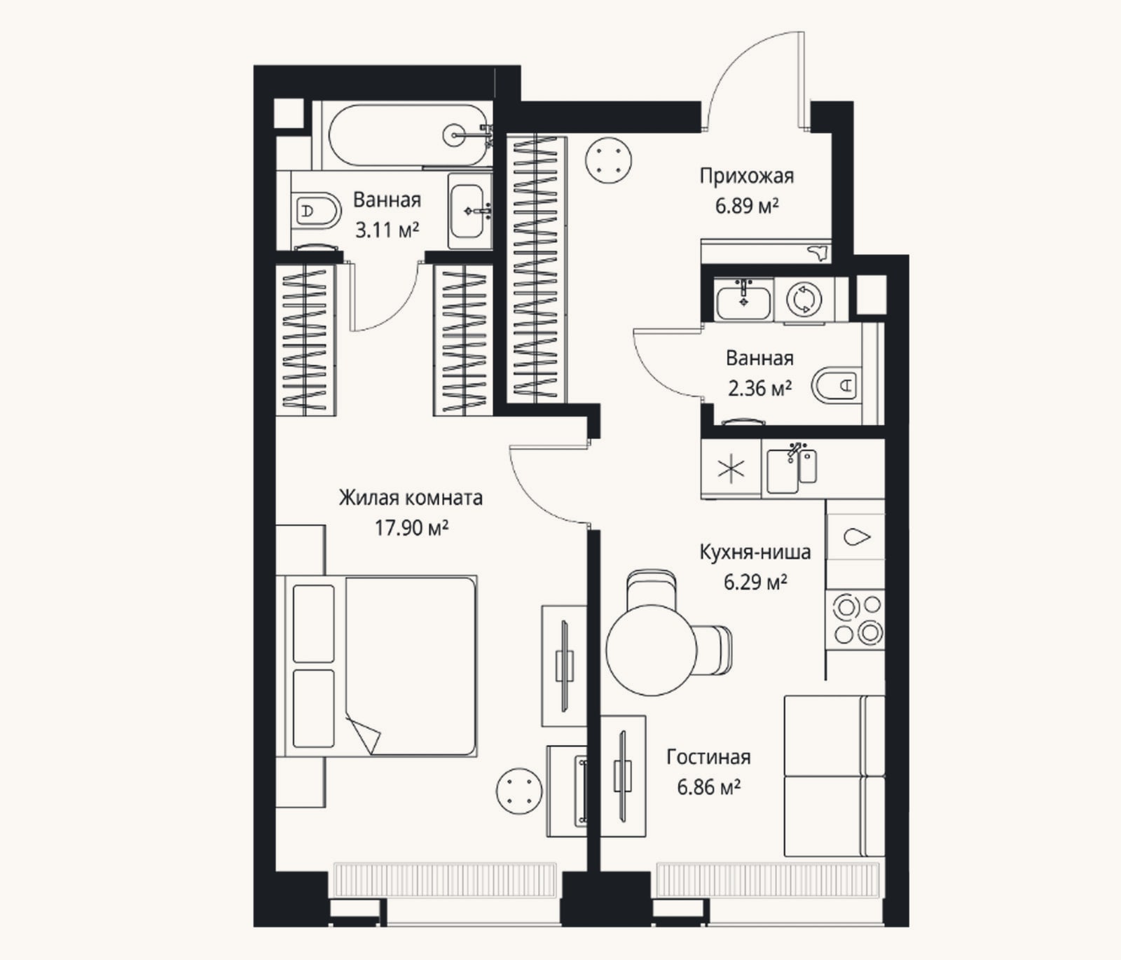 Планировка: 2-к, 43,4 м²