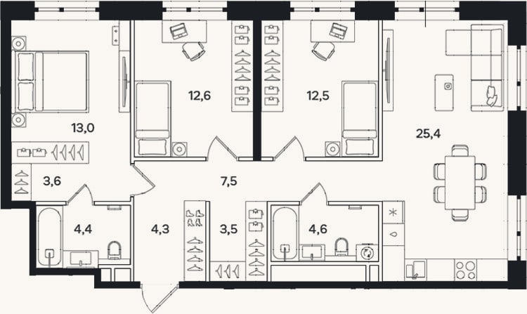 Планировка: 3-к, 91,4 м²