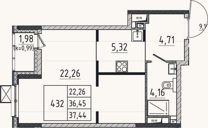 Планировка: Студия, 36,5 м²
