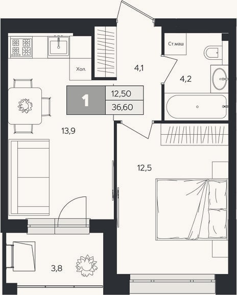 Планировка: 1-к, 34,7 м²