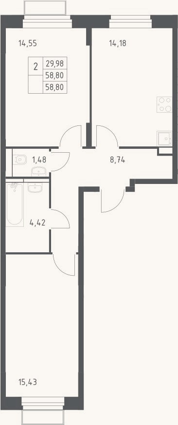 Планировка: 2-к, 58,8 м²