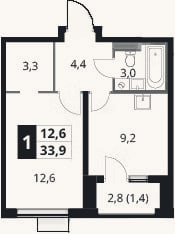 Планировка: 1-к, 32,5 м²