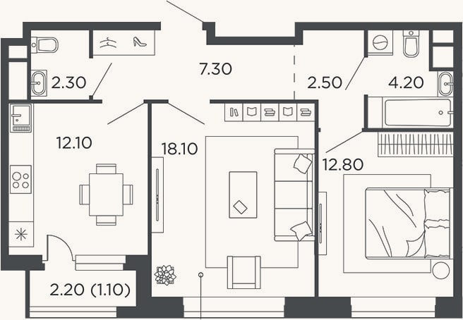 Планировка: 2-к, 59,3 м²