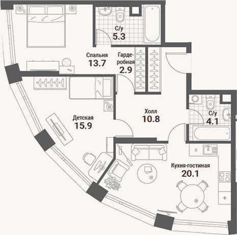 Планировка: 3-к, 72,8 м²