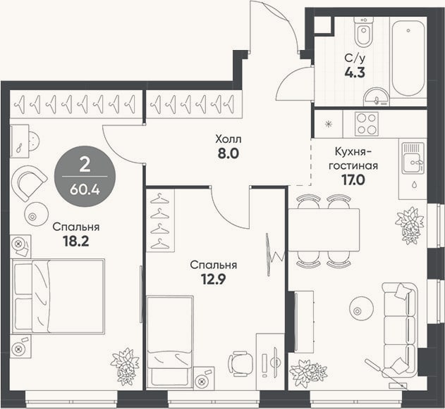 Планировка: 3-к, 60,4 м²