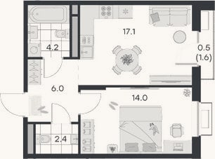 Планировка: 1-к, 43,7 м²
