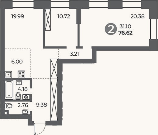 Планировка: 2-к, 76,6 м²