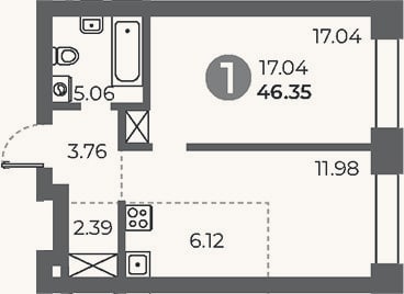 Планировка: 1-к, 46,4 м²