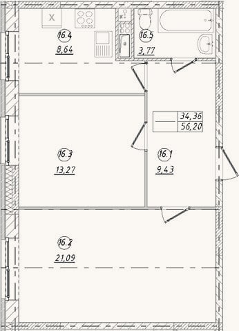 Планировка: 2-к, 56,2 м²