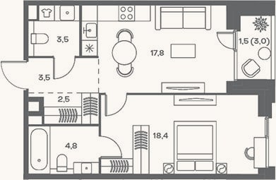 Планировка: 2-к, 50,5 м²