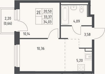Планировка: 2-к, 33,4 м²