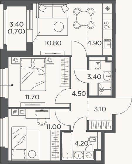 Планировка: 3-к, 53,6 м²